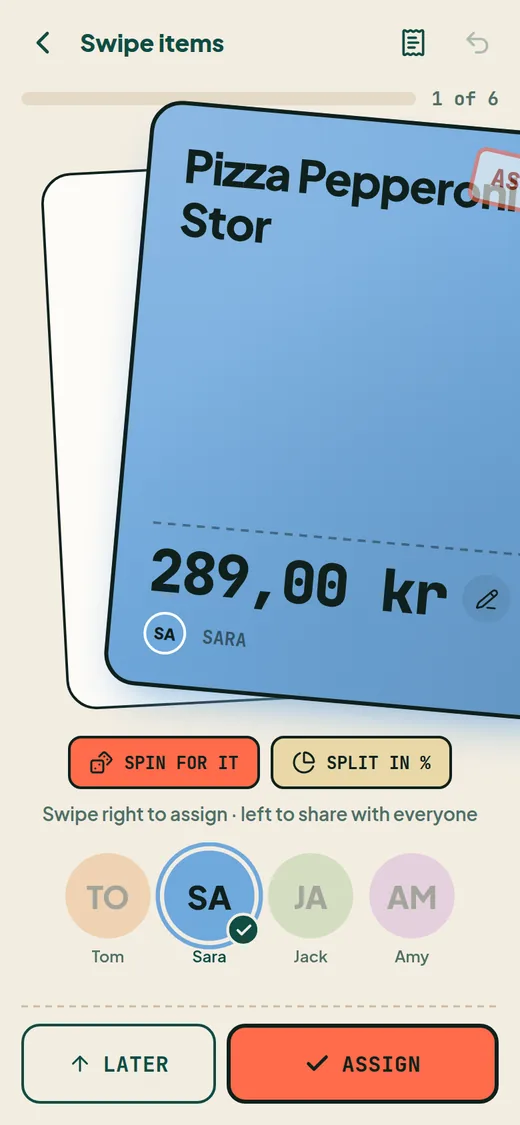 An item card being swiped right to give the item to Sara